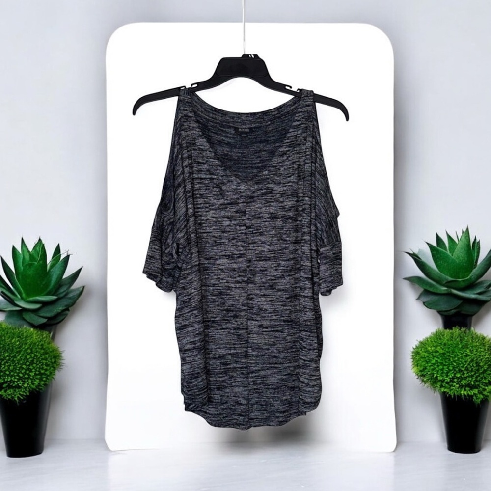 A.N.A. Charcoal Knit Top with Cold Shoulder and Rounded Hem Details size L